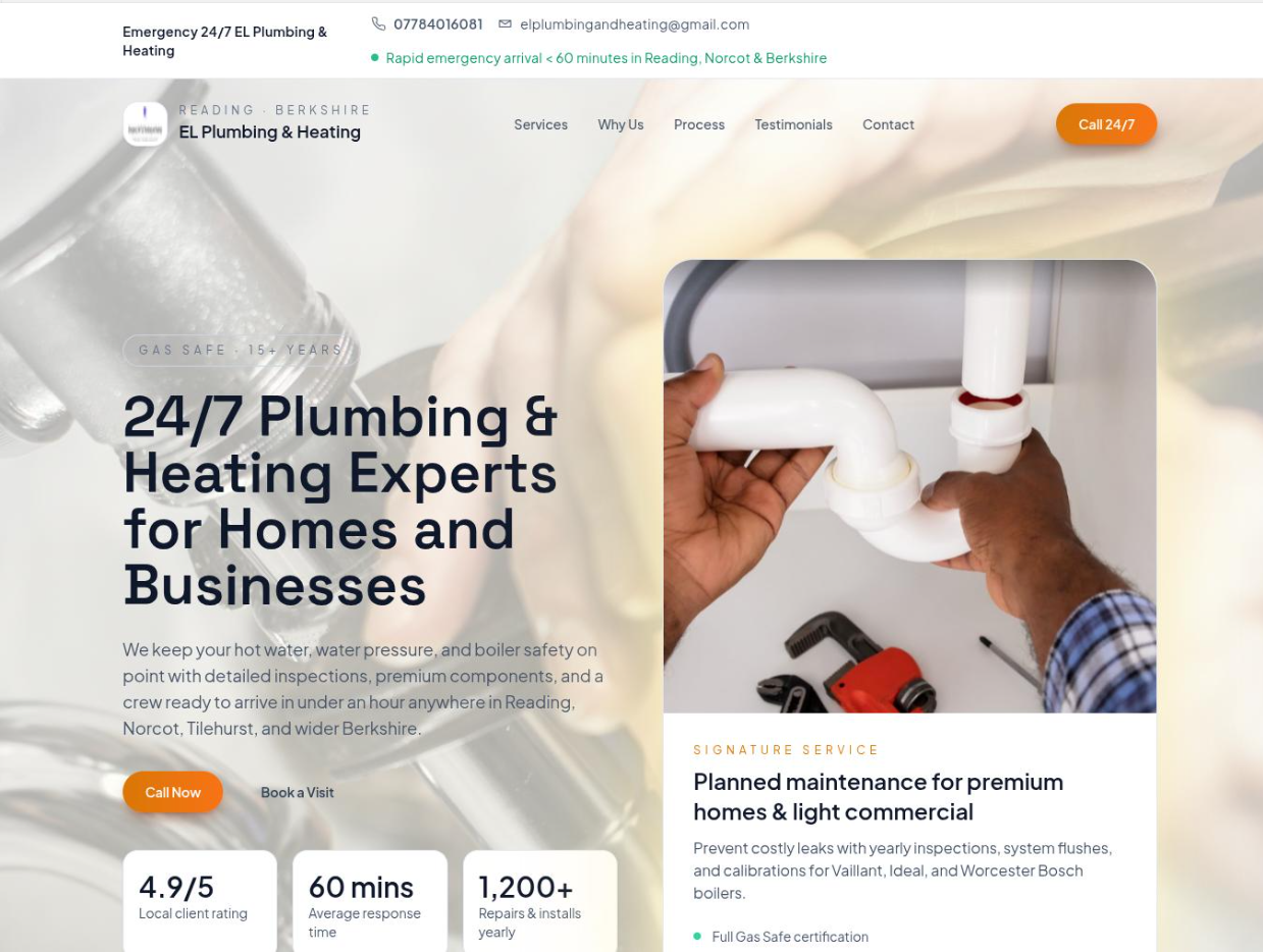 EL Plumbing and Heating website homepage
