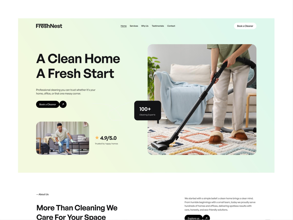 FreshNest cleaning company website homepage